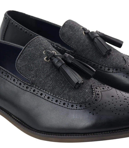 Mens Tasselled Black Leather Tweed Brogue Slip On Loafers