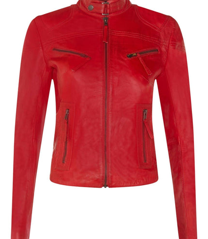 Womens Slim-Fit Leather Biker Jacket-Maldon - Red