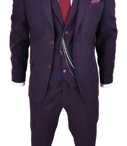 Mens 3 Piece Tweed Suit Plum Purple Check Peaky Blinders Classic 1920 Gatsby