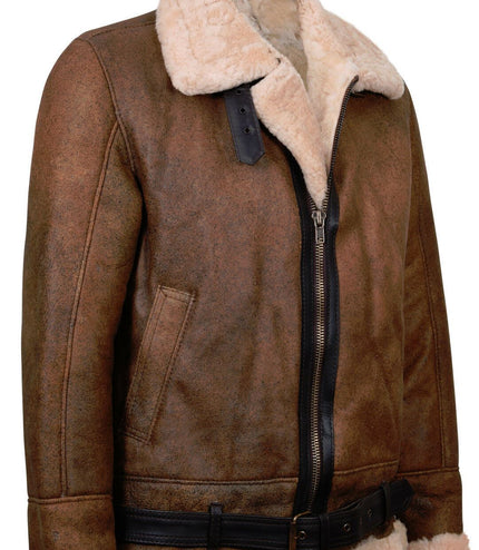Mens Vintage Brown Sheepskin Aviator Jacket- KANSAS