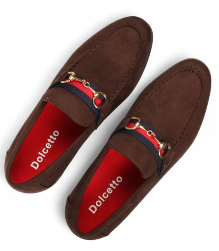 Men's Brown Suede Loafers with Gold Buckle Slip-On Dress Shoes