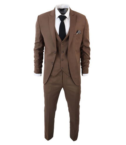 Mens IM1 Classic Plain Brown 3 Piece Suit