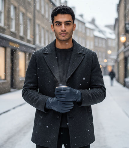 Men's Navy Blue Italian Leather Warm Wool Lining Winter Stich Design Gloves - M-LGV-205