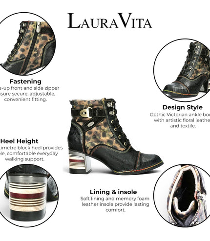 Laura Vita Women's Victorian Floral Black Leather Lace-Up Ankle Boots - Idcorao-10