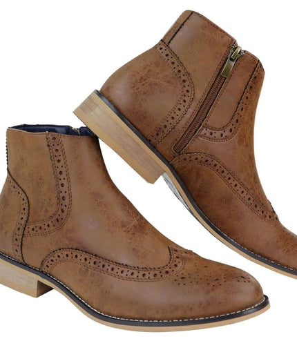 Mens Tan Leather Brogue Zip Up Chelsea Boots