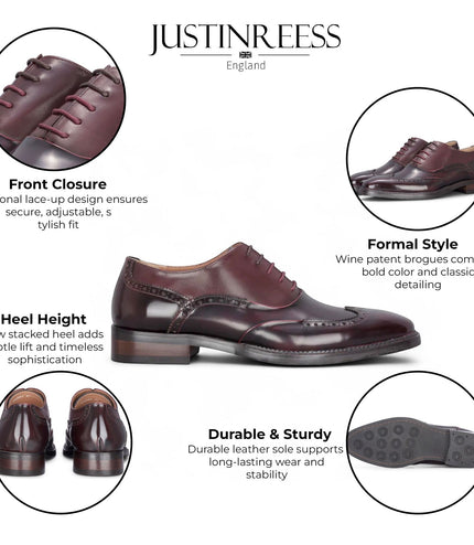 Justin Reess Men's Wine Patent Leather Brogue Formal Shoes - Harry