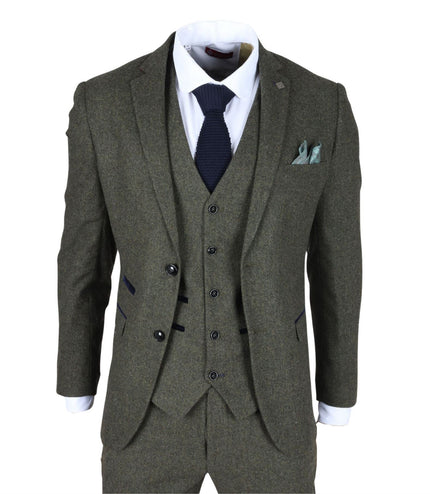 Men's Olive Green Wool Blend Tweed Formal Suit