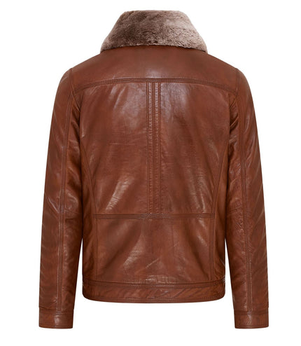 Mens Leather Jacket Trucker Removable Sheepskin Collar Casual Jacket - Tan
