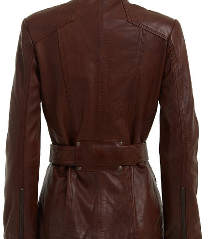 Womens Military Style Leather Biker Jacket-Phoenix - Brown