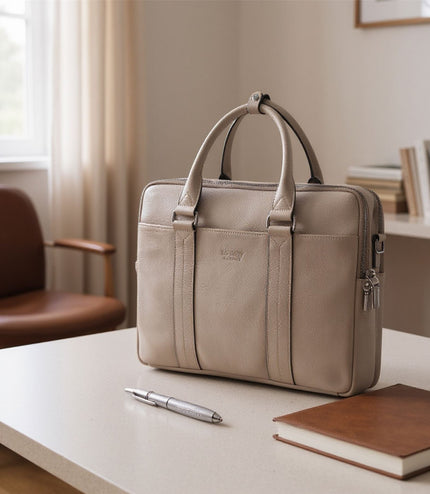 Genuine Leather Grey Laptop Business Briefcase Office Work Travel Bag - Sutton