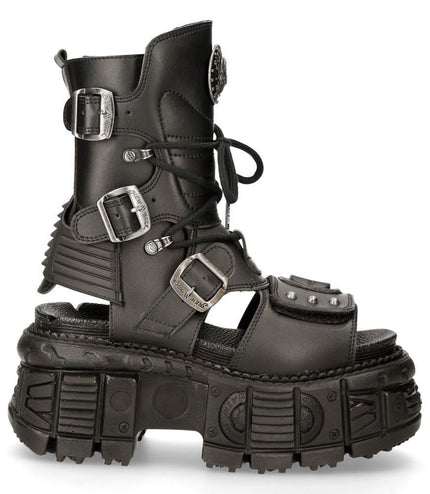 New Rock Unisex Black Vegan Leather Sandal Boots- Bios107-V1