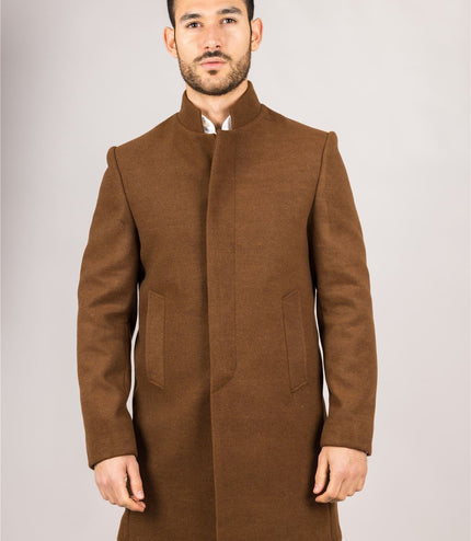 Men's Brown Stand Collar Wool Blend Overcoat