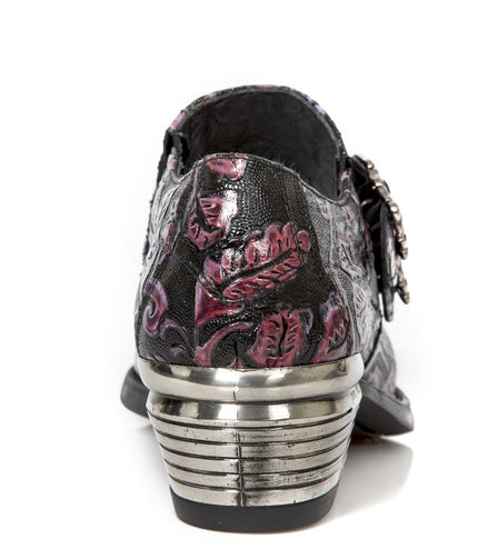 New Rock Vintage Purple Floral Leather Buckle Shoes-7960-S8
