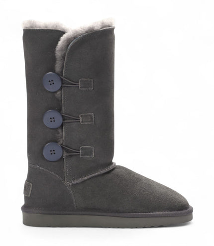 Women's Sheepskin Suede Grey Button Warm Winter Calf Boots - Willow