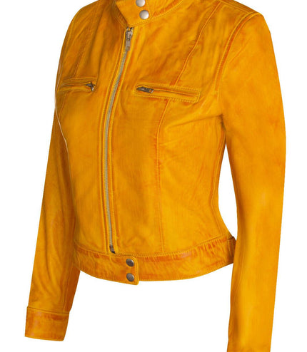 Womens Plain Leather Moto Biker Jacket-Braga - Yellow