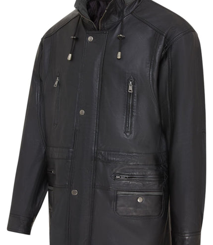 Mens Soft Italian Leather Parka Coat-Winnipeg - Black