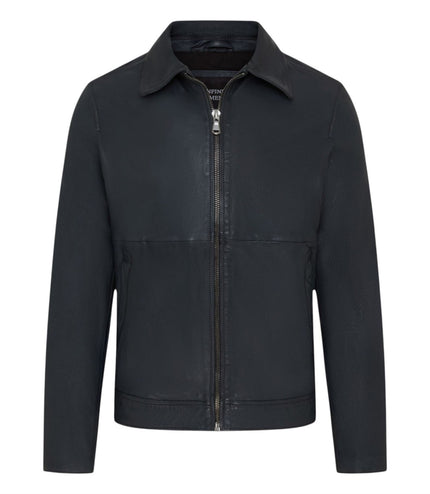 Mens Leather Blue Harrington Collar Biker Jacket - Alpha