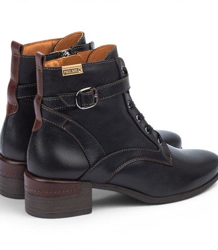 Pikolinos Women's Black Leather Lace-Up Mid-Heel Ankle Boots - Malaga