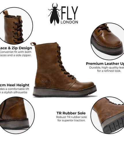 Fly London Womens Tan Rami043 Casual Leather Lace-Up Ankle Dress Boots