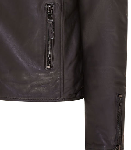Mens Slim Fit Brando Style Double Cross Zip 100% Leather Biker Jacket - Black
