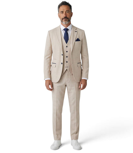 Men's Cream Checked Tailored Fit Suit - Regent