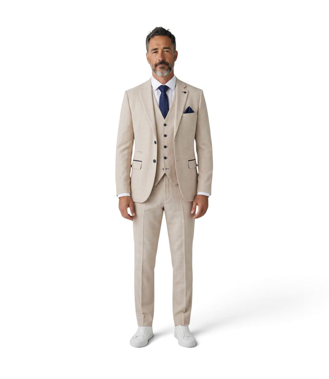 Men's Cream Checked Tailored Fit Suit - Regent