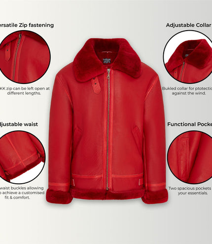 Mens B3 Bomber RAF Aviator Sheepskin Jacket -Wyndham - Red