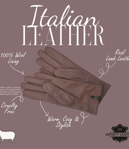 Womens Nude Beige Italian Leather Winter Button Design Soft Wool Lining Gloves - L-GLV-501