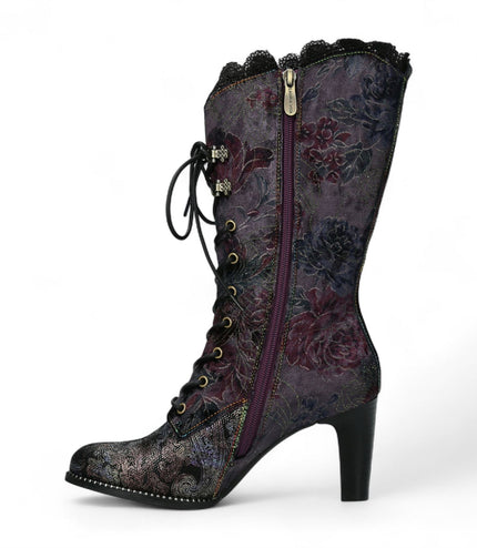 Laura Vita Alcbane 0351 Violet Floral Womens Gothic Victorian Leather Heeled High Boots