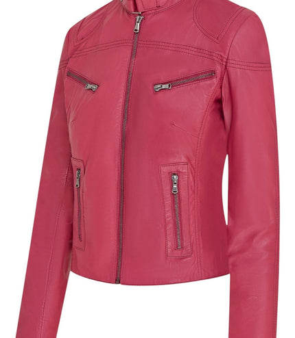 Womens Slim-Fit Leather Biker Jacket-Maldon - Fuschia