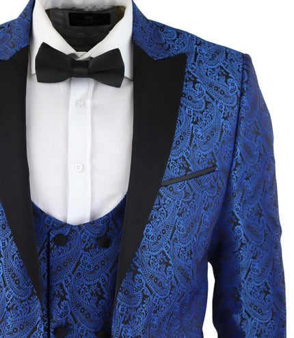 Mens Blue Tuxedo Blazer Waistcoat Brocade Black Satin Paisley Dinner Jacket