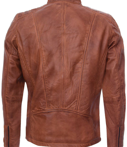 Mens Leather Jacket Vintage Quilted Retro Racing Zipped Biker - San Marino - Tan