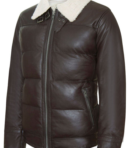 Men's Leather Quilted Biker Puffer Jacket - BrasÃ­lia - Brown