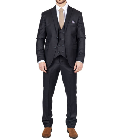 Mens IM1 Double Brusted Plain Black 3 Piece Suit