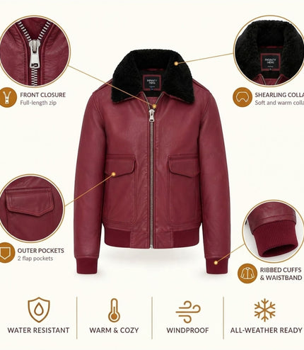 Mens Burgundy Leather Aviator Bomber Jacket - Lunar