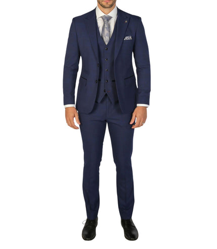 Men's Navy Checked 3 Piece Suit Tailored Fit Suit Formal Wedding