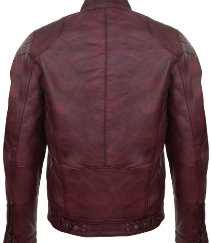 Mens Moto Leather Biker Jacket-Taiwan - Burgundy