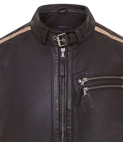 Mens Black Cafe Racer Striped Leather Jacket Vintage Biker Motorcycle Jacket