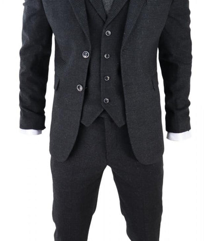 Mens Black 3 Piece Tweed Suit Peaky Blinders 1920s Gatsby Classic Tailored Fit
