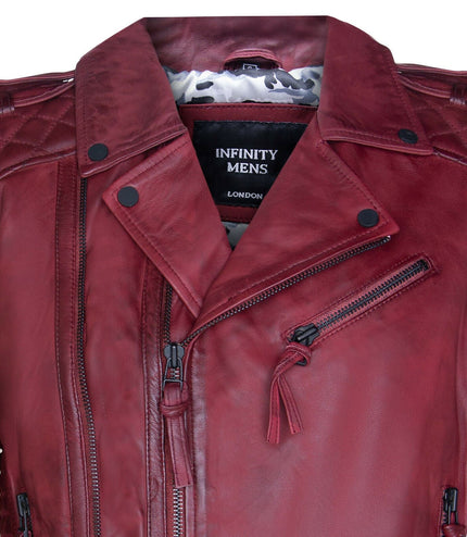 Mens Slim-Fit Double Zip Brando Leather Biker Jacket-Cairo - Burgundy