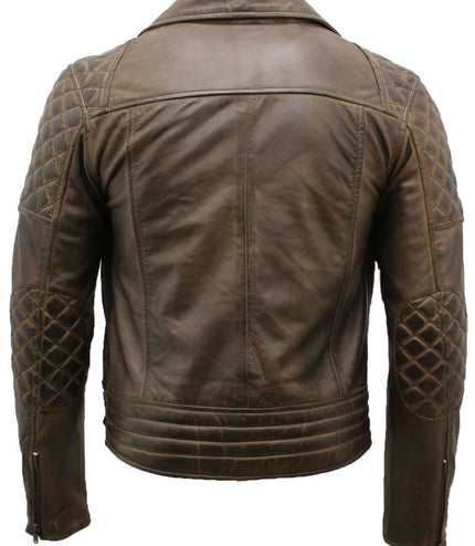 Mens Quilted Leather Biker Jacket-Bordeaux - Brown