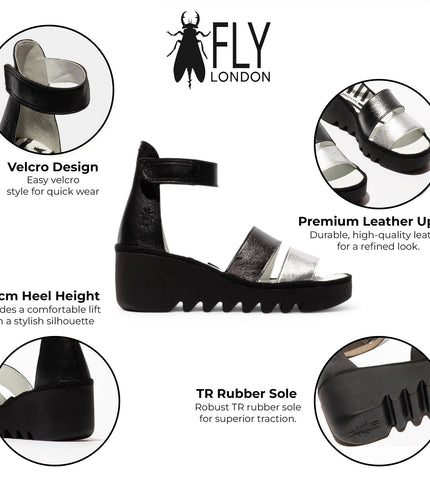Fly London Women's Bono290Fly Silver Black Idra Leather Wedge Sandals