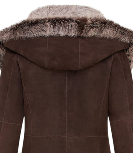 Womens Suede Toscana Sheepskin Hooded Trench Coat-Rushden - Brown Silver