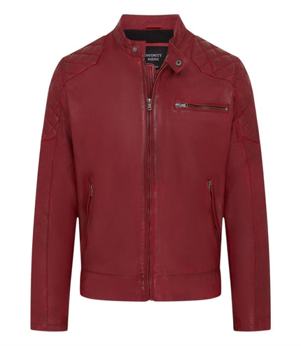 Mens Red Leather Quilted Shoulder Biker Jacket - Rock