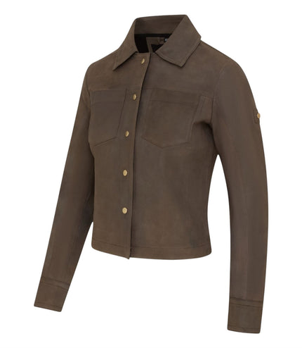 Womens Taupe Brown Leather Shacket Collar Jacket - Lofar