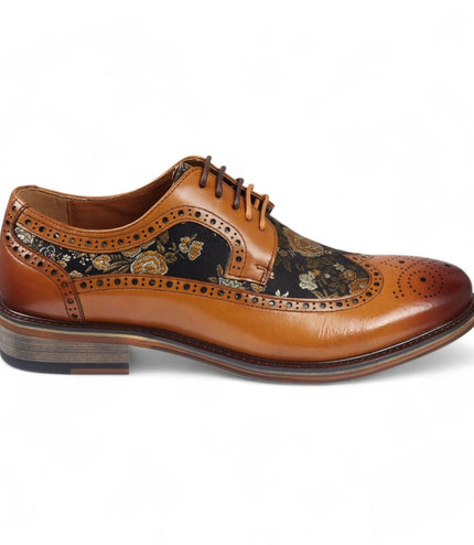Justin Reess Men's Brown Leather Floral Print Brogue Dress Shoes - Ross