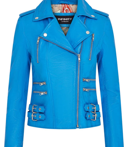 Womens Leather Brando Biker Jacket-Orlando - Blue