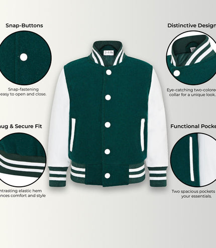 Kids Green Wool Varsity Bomber Jacket with Real Leather Sleeves