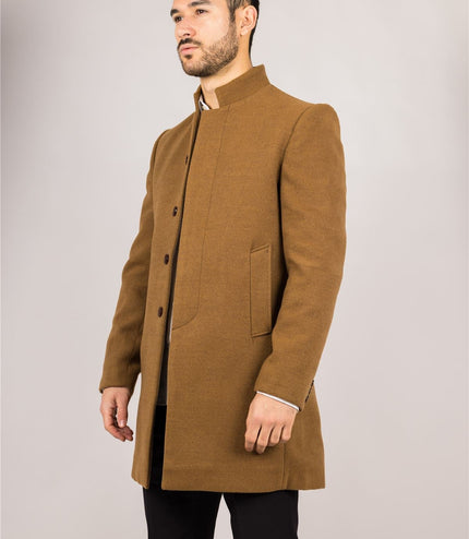 Men's Tan Stand Collar Wool Blend Overcoat