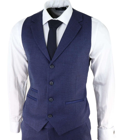 Mens Navy Blue 3 Piece Tweed Herringbone Suit Peaky Blinders Classic Tailored